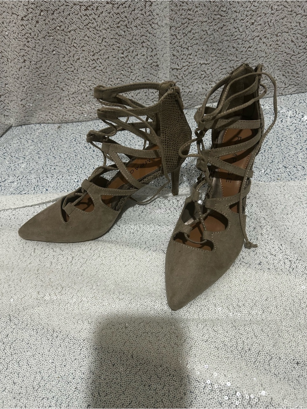 Lace-Up Pointed Toe Stiletto Heels in Taupe